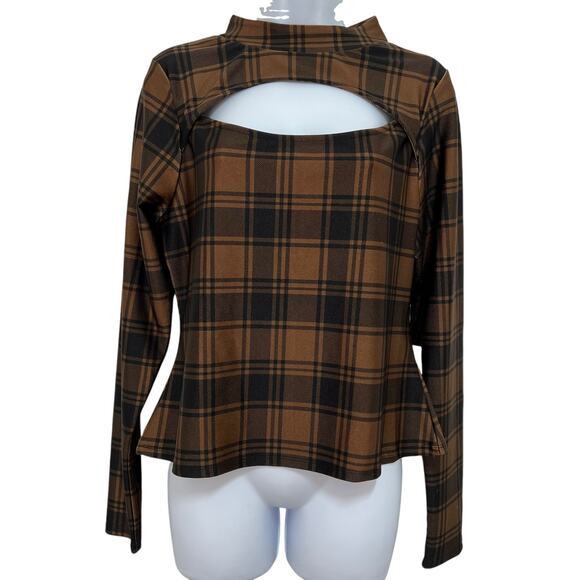 Good American Size 5 US 2XL Peplum Front Cut Out Top Tan Brown Plaid Stretch NWT - Picture 2 of 12